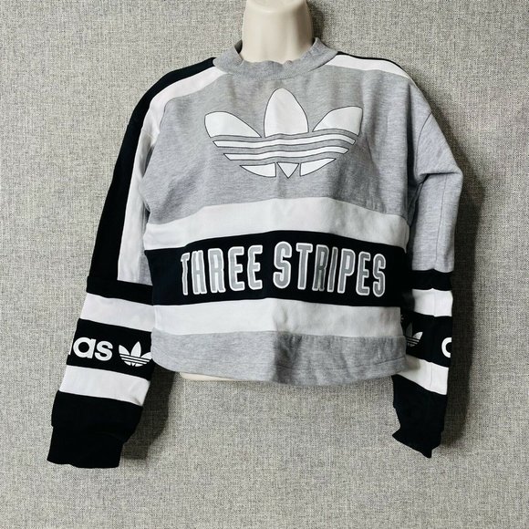 Adidas Three Stripes Trefoil crop top Sweatshirt Size M Black White Gray - Picture 3 of 8